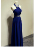 Beaded Halter Neck Navy Blue Chiffon Stunning Evening Dress